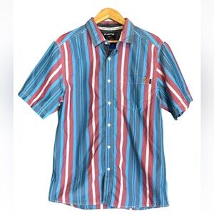 Kavu Yes Way red, white and blue stripe shirt with Sasquatch embroidery Medium